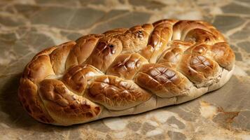 ai generado único un pan pan parecido a un serpiente descansando en un de madera mesa, ai generado foto