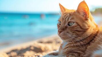 ai generado un atigrado gato es sentado en el playa, mirando fuera a el océano, ai generado foto