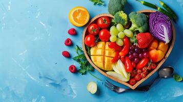 ai generado en forma de corazon plato adornado con frutas y vegetales en un azul fondo, ai generado. foto