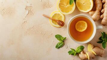 AI generated A cups of tea with lemon, ginger, and honey, Ai Generated photo