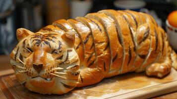 AI generated Unique bread loaf resembling an tiger resting on a wooden table, Ai Generated photo