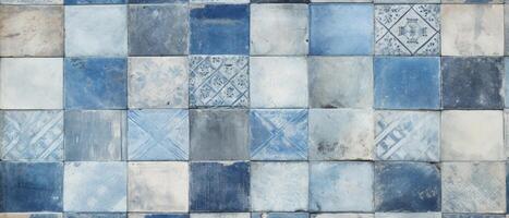 AI generated Old blue vintage, worn geometric and shabby mosaic, ornate patchwork with floral motifs on porcelain stoneware tiles, Ai Generated photo