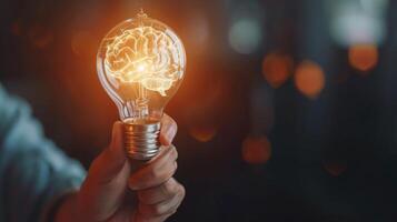 AI generated A shiny smart idea or brainstorming concept portrayed by a hand holding a shining lightbulb with a glowing brain inside, Ai Generated photo