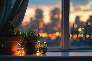 AI generated A Comforting, Snug Vista Featuring Potted Flora and a Soft-Focus Urban Backdrop, AI Generated photo