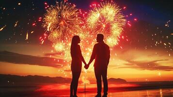 AI generated Romantic duo with hands clasped under spectacular heart-shaped fireworks, Ai Generated photo