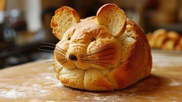 AI generated Unique bread loaf resembling an mouse resting on a wooden table, Ai Generated photo