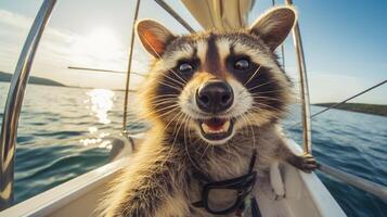 ai generado un mapache es sentado en un barco en el océano, ai generado foto