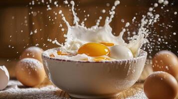 AI generated Eggs in a bowl splashed with milk and ingredients, ready for cooking, Ai Generated photo