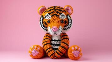 AI generated Crocheted tiger toy vibrant backdrop, handcrafted and adorable, Ai Generated photo