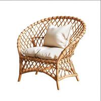 AI generated Handmade woven wicker rattan chair with pillow isolated on white background, Ai Generated. photo