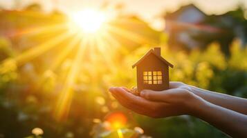 AI generated Real estate acquisition symbolized by hands holding a small house against the backdrop of sunlight, Ai Generated photo