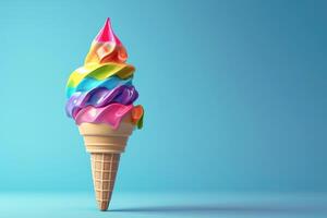 AI generated Immerse yourself in the visual delight of this 3D masterpiece featuring a rainbow ice cream cone against a mesmerizing blue background, a true feast for the eyes, Ai Generated. photo