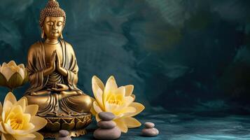 AI generated Gold Buddha statue and yellow lotus flowers on a dark backdrop, Ai Generated. photo