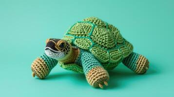 AI generated Crocheted turtle toy vibrant backdrop, handcrafted and adorable, Ai Generated photo