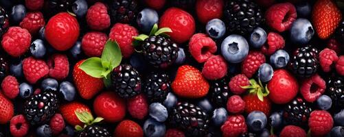 AI generated A vibrant top view of an array of fresh berries blueberries, raspberries, and blackberries, Ai Generated photo