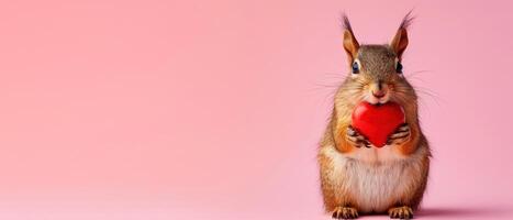 AI generated Squirrel stands holding a red heart, a picture of cuteness, Ai Generated photo