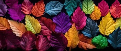 AI generated Colorful fallen autumnal leaves adorned in the vibrant hues of a rainbow, Ai Generated. photo