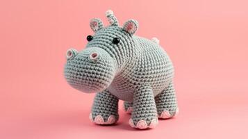 AI generated Crocheted hippopotamus toy vibrant backdrop, handcrafted and adorable, Ai Generated photo