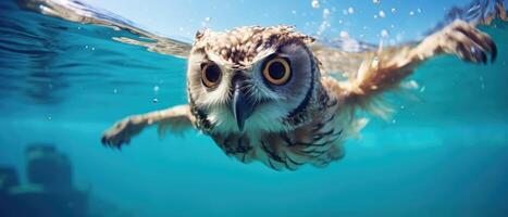 ai generado el imagen muestra un búho nadando submarino en un piscina de agua, ai generado foto