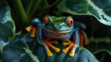 AI generated A red-eyed tree frog sits on top of a green leaf, Ai Generated photo