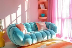 AI generated Admire the beauty of a modern, colorful, and soft interior featuring a stunning turquoise puffy sofa. Ai Generated photo