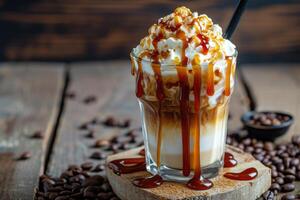 AI generated A glass of iced coffee with whipped cream and caramel sauce, Ai Generated photo