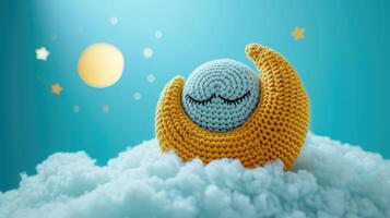 AI generated Crocheted moon toy vibrant backdrop, handcrafted and adorable, Ai Generated photo