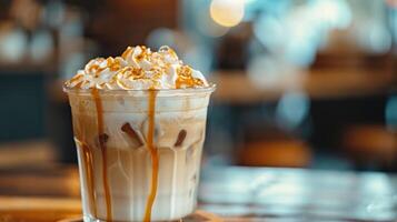 AI generated A glass of iced coffee with whipped cream and caramel sauce, Ai Generated photo