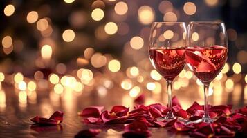 AI generated Romantic glasses of wine amidst rose petals, with a dreamy bokeh background, Ai Generated photo