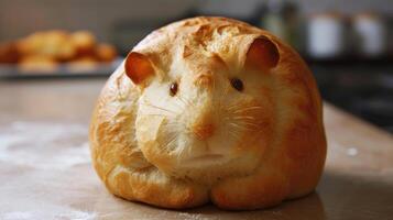 AI generated Unique bread loaf resembling an hamster resting on a wooden table, Ai Generated photo