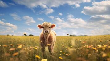 ai generado un becerro es en pie en un campo de flores, ai generado foto