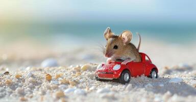 ai generado juguete ratón disfruta un paseo en un juguete auto, laminación mediante el arena con juguetón abandonar, ai generado. foto