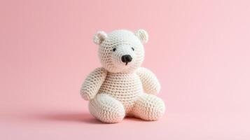 AI generated Crocheted polarbear toy vibrant backdrop, handcrafted and adorable, Ai Generated photo