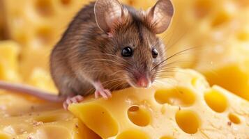 AI generated Close-up of a mouse perched on top of cheese, tempted by its savory aroma, Ai Generated. photo