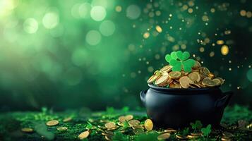 AI generated St. Patrick's Day theme with black pot, gold coins, and shamrocks, Ai Generated photo