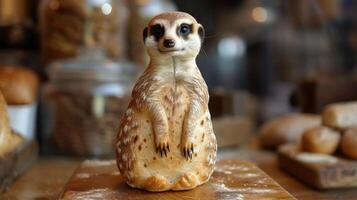 AI generated Unique bread loaf resembling an Meerkat resting on a wooden table, Ai Generated photo