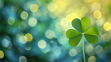 AI generated Capture the essence of luck with a clover leaf set against a sparkling bokeh backdrop, a sign of good fortune. Ai Generated. photo