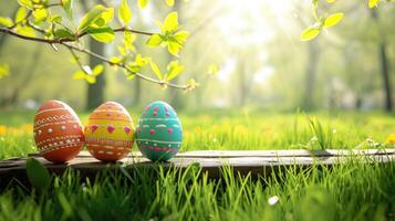 ai generado Tres pintado Pascua de Resurrección huevos simbolizando un contento Pascua de Resurrección en un primavera día, conjunto en un verde césped prado con brillante luz de sol, árbol hojas, y un fondo, ai generado. foto