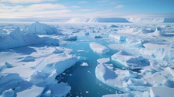 ai generado un aéreo zumbido imagen capturas gigante icebergs en Groenlandia maravilloso paisaje, ai generado. foto