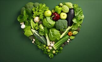 AI generated Heart shaped fresh vegetables on green background, Ai Generated photo