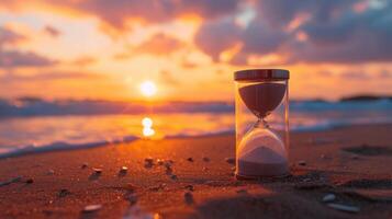 AI generated An hourglass rests on the beach, its sands gently falling against a breathtaking sunset backdrop. Ai Generated. photo