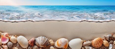 AI generated A close-up of a heart stone amidst many seashells on the sandy beach evokes charm, Ai Generated. photo