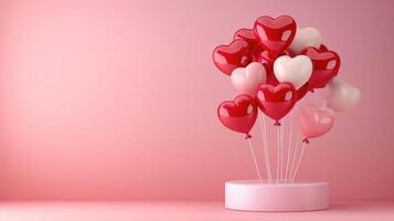 AI generated Red and pink heart balloons and a podium on a pink background, romantic charm, Ai Generated. photo