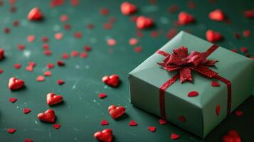 ai generado verde regalo caja acompañado por festivo rojo corazones en un verde fondo, ai generado foto