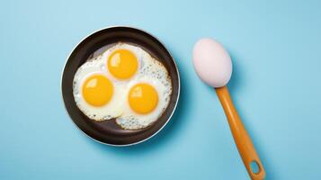 AI generated Two fried eggs in a pan, wooden spoon centerpiece, set against a blue background, Ai Generated. photo