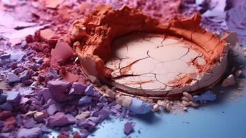 AI generated Broken makeup palette with scattered colorful eyeshadow powders in pink, purple, and blue hues, highlighting textures and vibrant pigments photo