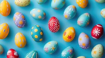 AI generated Numerous colorful Easter eggs arrayed on a blue background, Ai Generated. photo