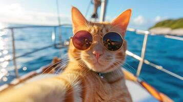 ai generado un atigrado gato es sentado en un barco en el océano, vistiendo Gafas de sol, ai generado foto