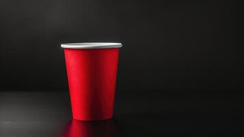 AI generated Red, vacant disposable paper cup for fast food, presented in a side view, set on a black backdrop, featuring, Ai Generated. photo