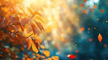 AI generated Autumn leaves bask in sunlight rays, with blurred trees adding depth, Ai Generated photo